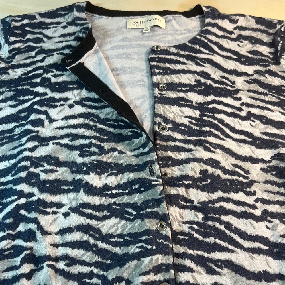Jones New York Blue and Grey Animal Print Cardigan Sz XL